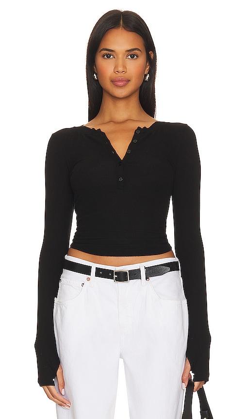 Enza Costa Rib Baseball Henley in Black by ENZA COSTA