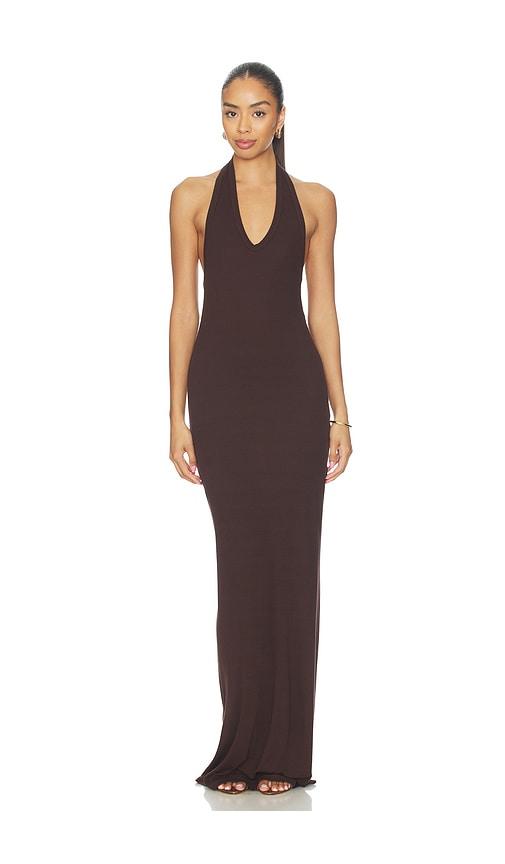 Enza Costa Silk Rib U-neck Halter Fluid Maxi Dress in Chocolate by ENZA COSTA
