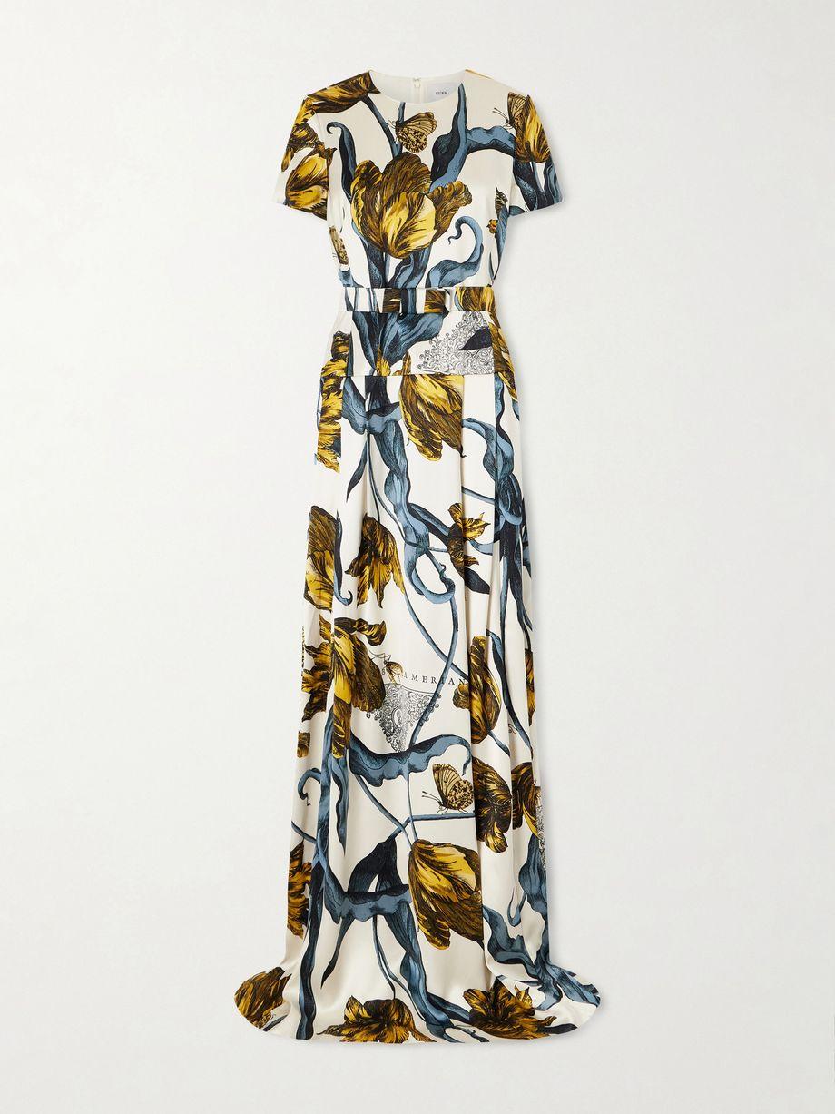 Belted printed satin gown by ERDEM