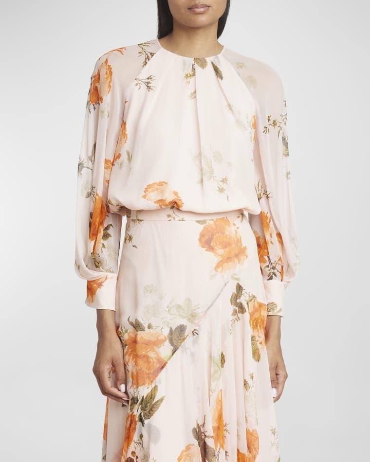 Floral-Print Gathered Long-Sleeve Chiffon Blouse by ERDEM