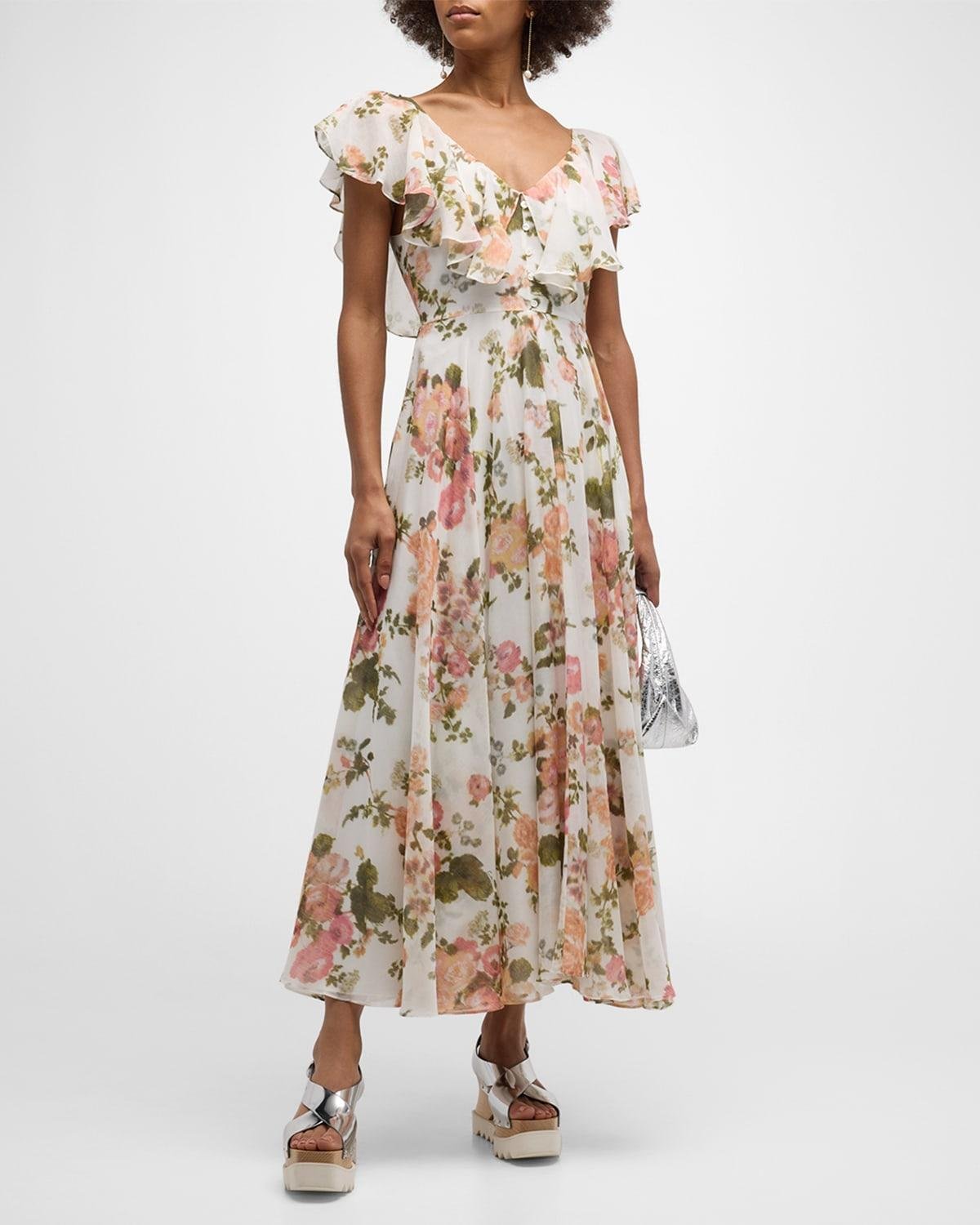 Floral Print Midi Dress with Ruffle Detail by ERDEM