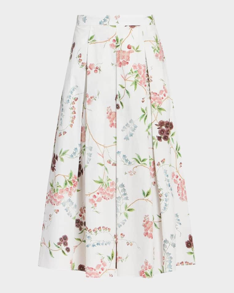 Floral Print Pleated Cotton Poplin Midi Skirt by ERDEM
