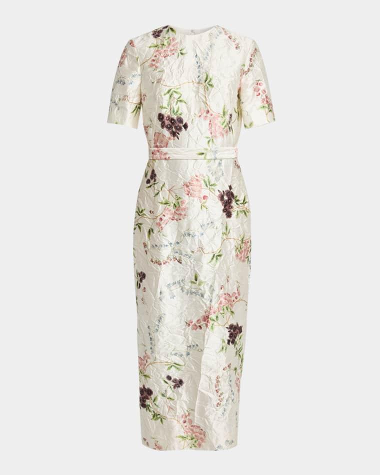 Floral Print Textured Satin Midi Pencil Dress by ERDEM