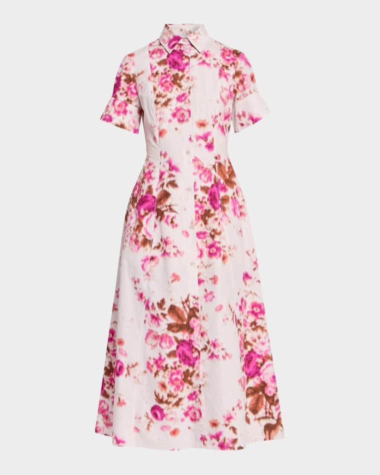 Short-Sleeve Blur Floral-Print Cotton Poplin Midi Shirtdress by ERDEM