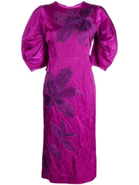 floral-embroidered puff-sleeve midi dress by ERDEM