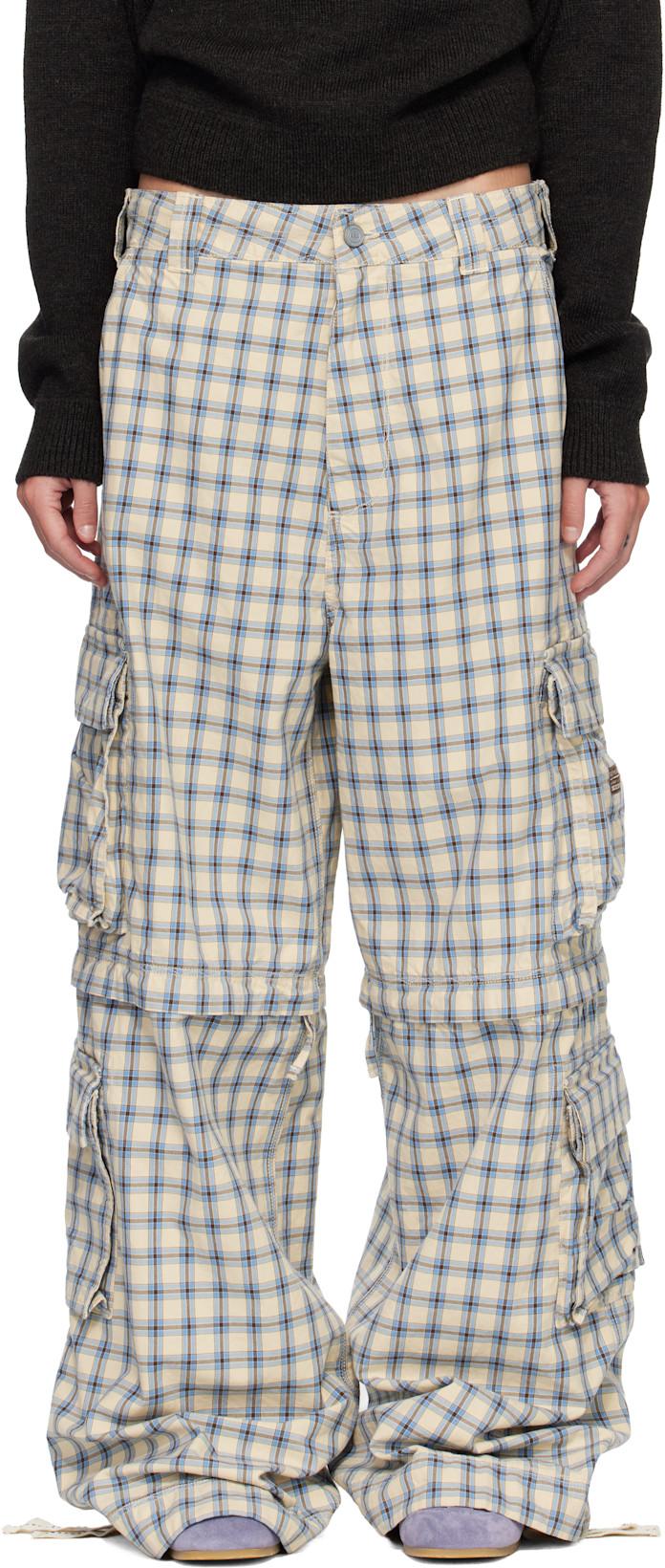 Beige & Blue Zip-Off Plaid Cargo Pants by ERL