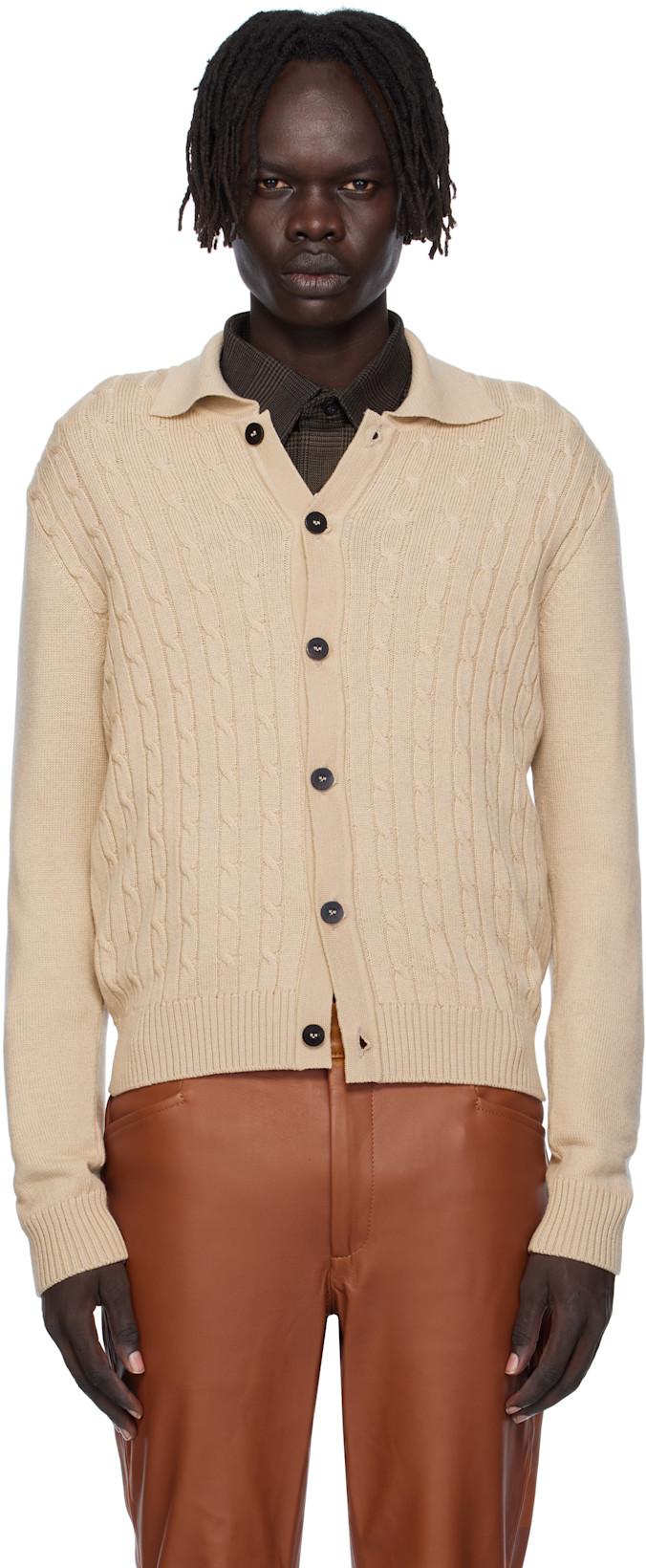 Beige Cable-Knit Polo Cardigan by ERNEST W. BAKER