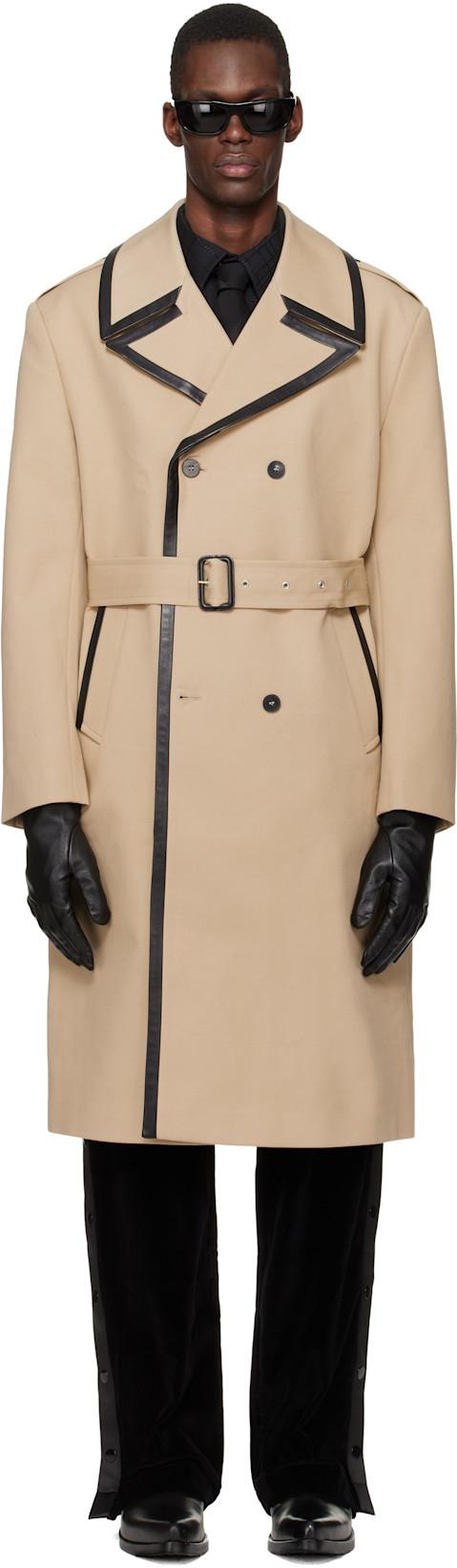 Beige Leather Trim Trench Coat by ERNEST W. BAKER