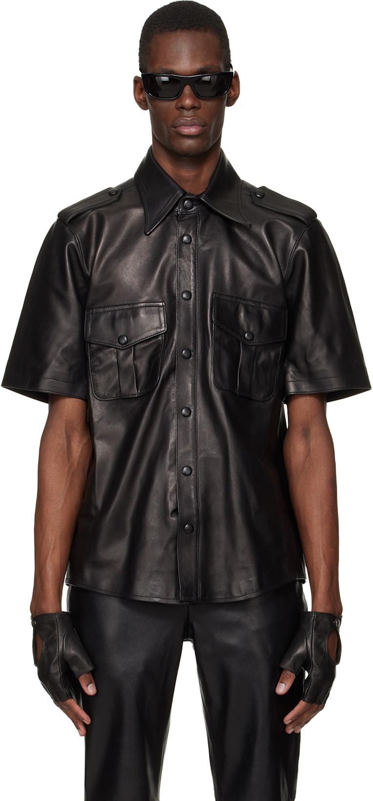 Black Short Sleeve Leather Shirt by ERNEST W. BAKER