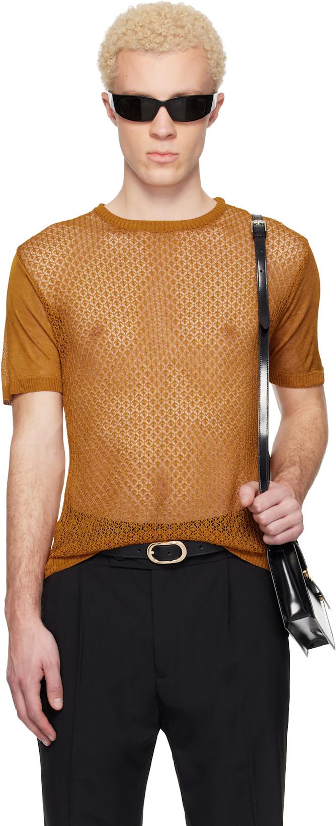 Tan Open Knit Viscose T-shirt by ERNEST W. BAKER