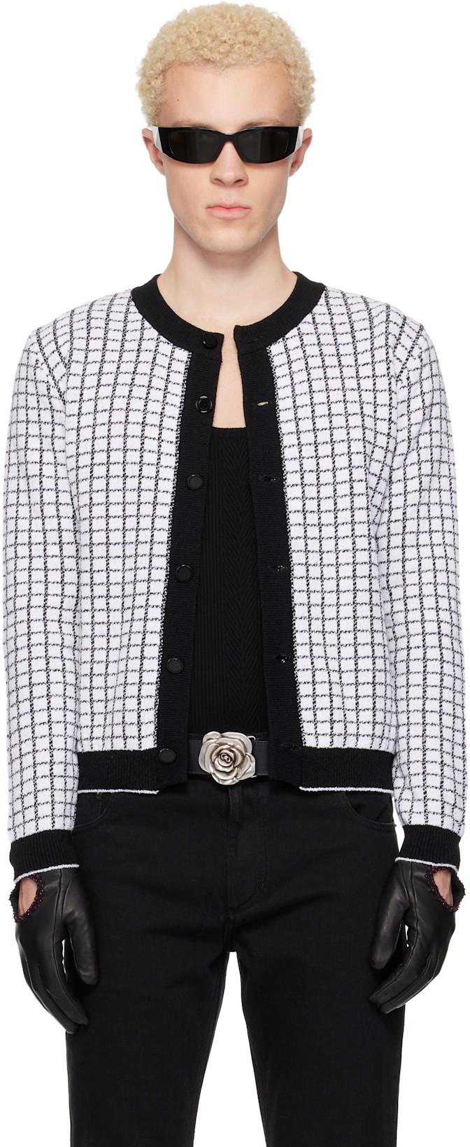 White & Black Check Boucle Cardigan by ERNEST W. BAKER