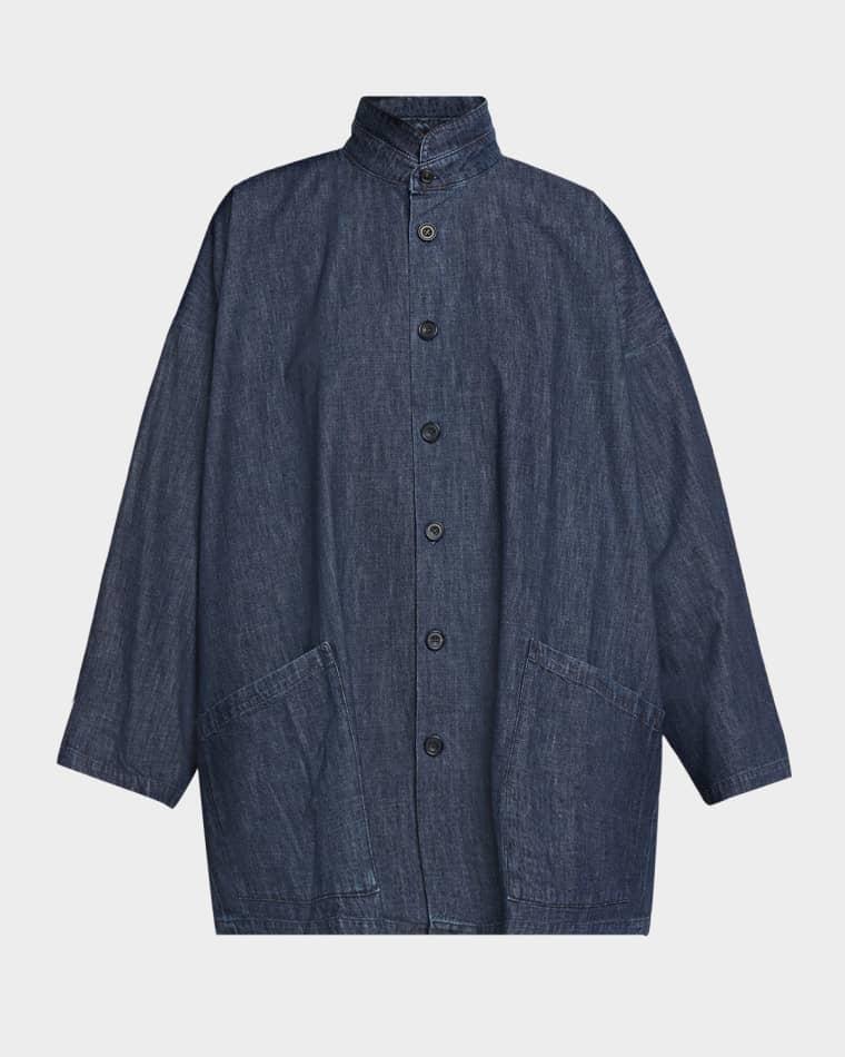 Cotton Denim Angle To Front Double Stand Collar Jacket - Long Length by ESKANDAR