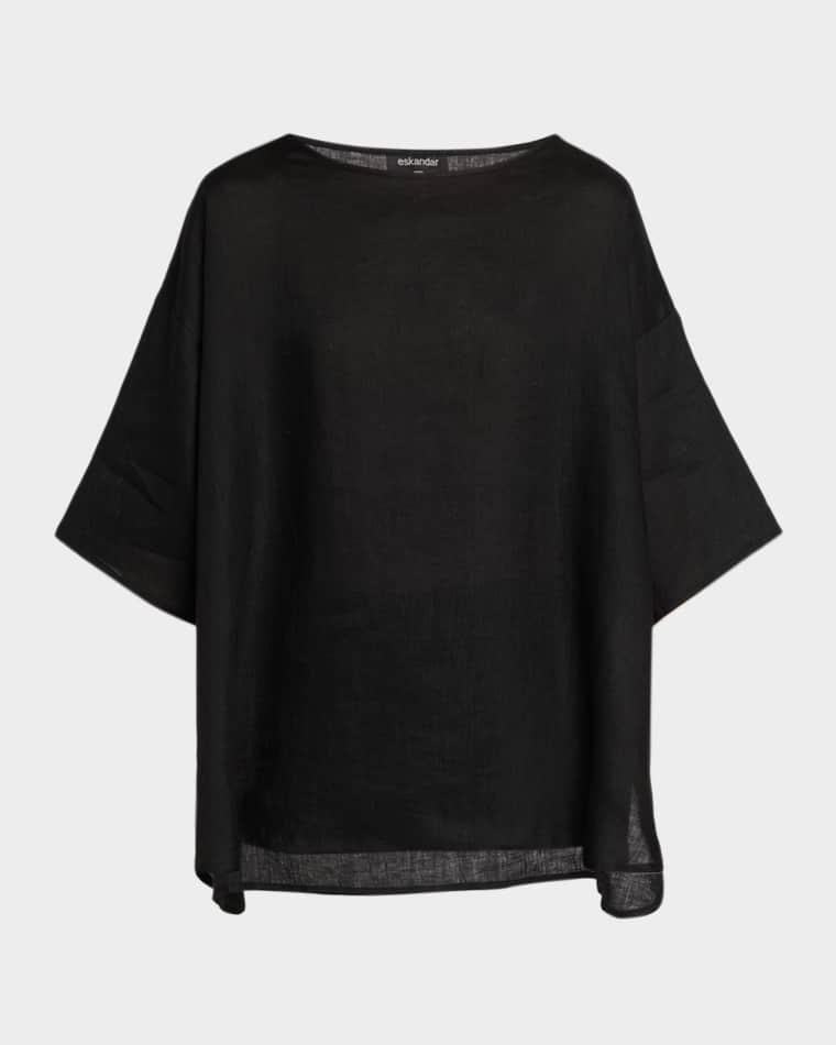 Linen Sloped Shoulder Wide A-Line Scoop Neck Top - Mid Length by ESKANDAR