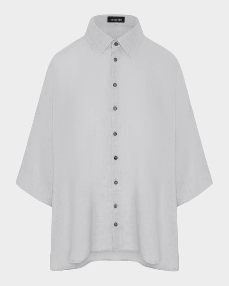 Sloped Shoulder Wide A-Line Short Sleeve Shirt With Collar - Mid Length by ESKANDAR