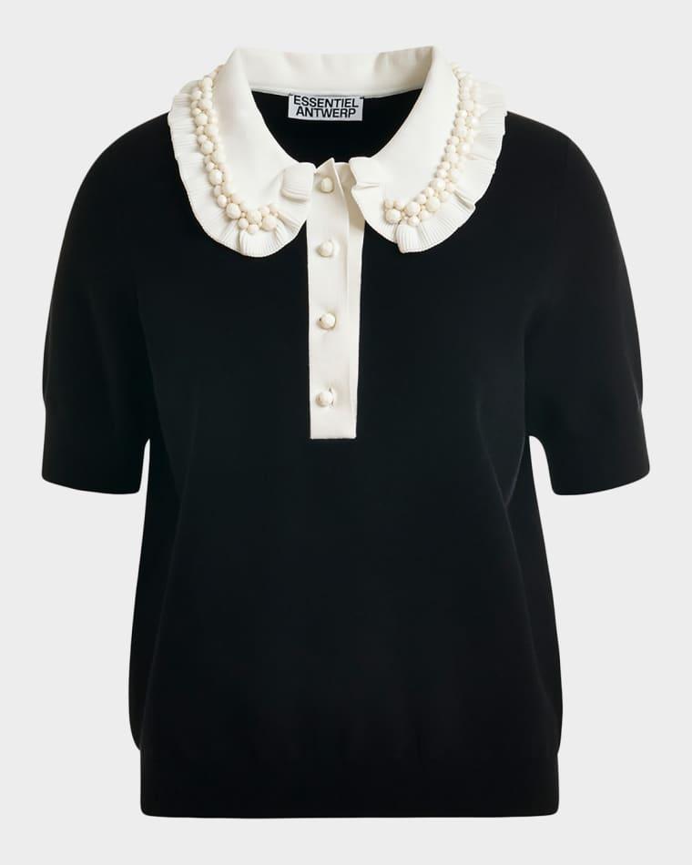 Ruffle Fine-Knit Polo Top with Bead Embellishments by ESSENTIEL ANTWERP