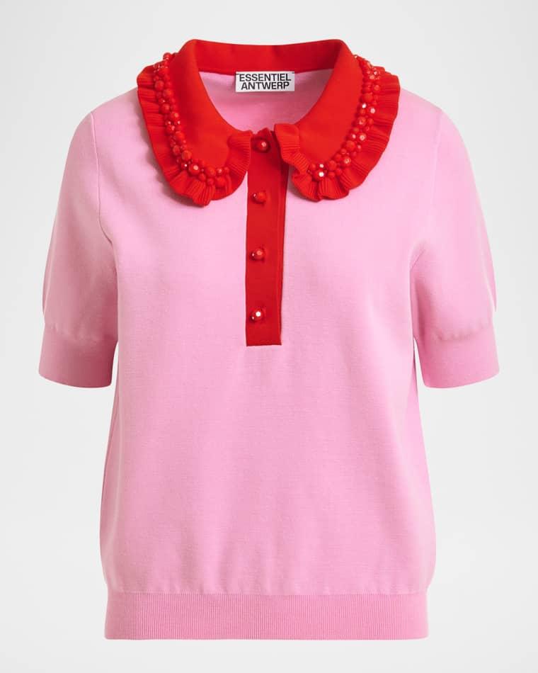 Ruffle Fine-Knit Polo Top with Bead Embellishments by ESSENTIEL ANTWERP