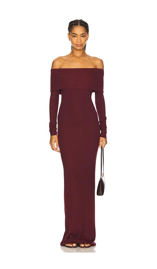 Eterne Long Sleeve Off-Shoulder Butter Rib Maxi Dress in Wine by ETERNE