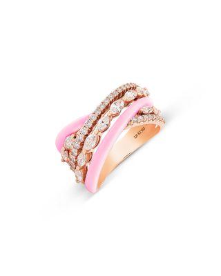 18K Rose Gold Diamond Pear & Round Pink Enamel Ceramic Crossover Ring by ETHO MARIA