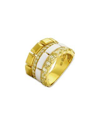 18K Yellow Gold & Ceramic Mosaic Diamond Round & Emerald Cut Multirow Concave Ring by ETHO MARIA