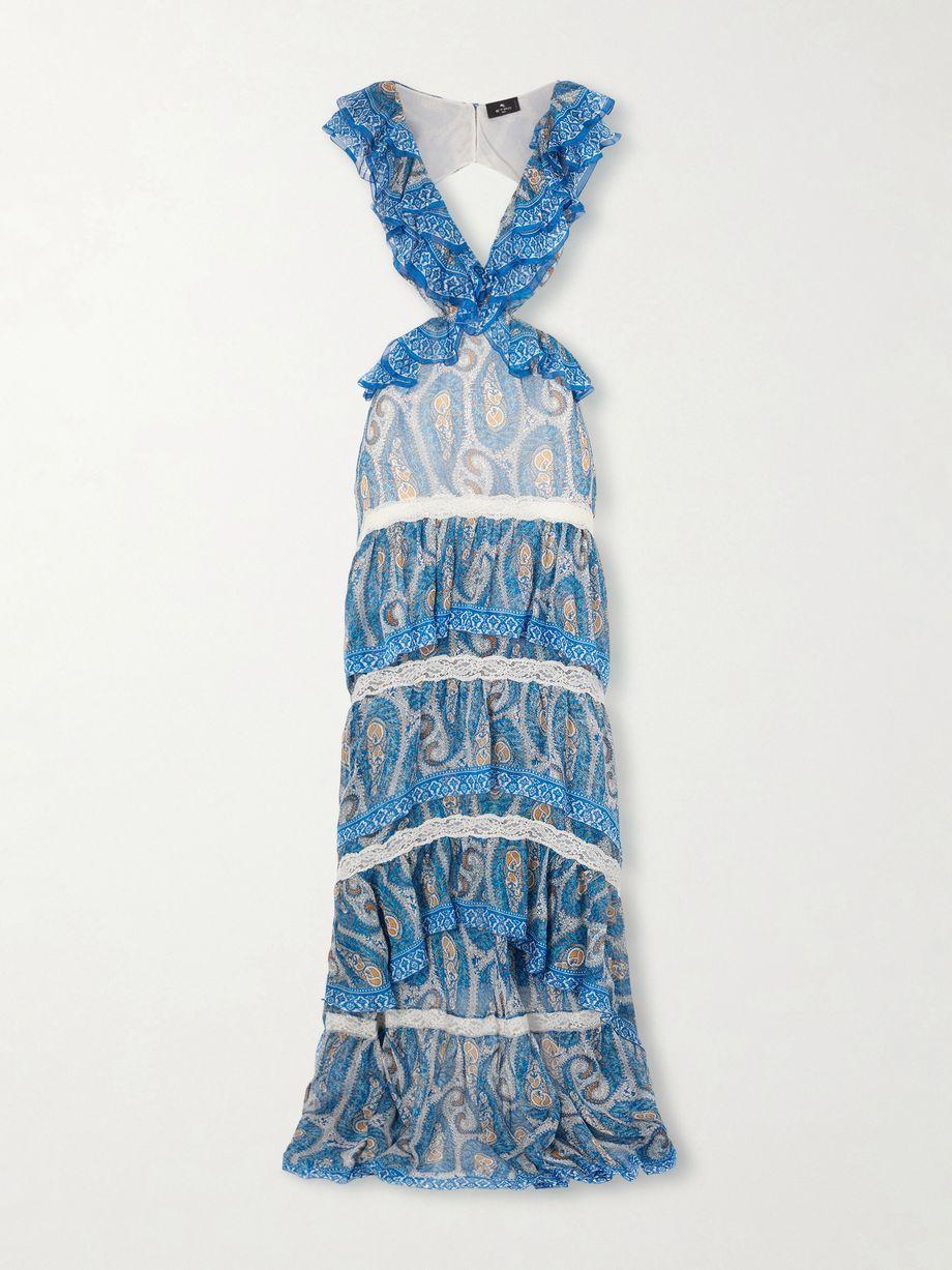 Asymmetric ruffled tiered lace-trimmed paisley-print silk-chiffon maxi dress by ETRO