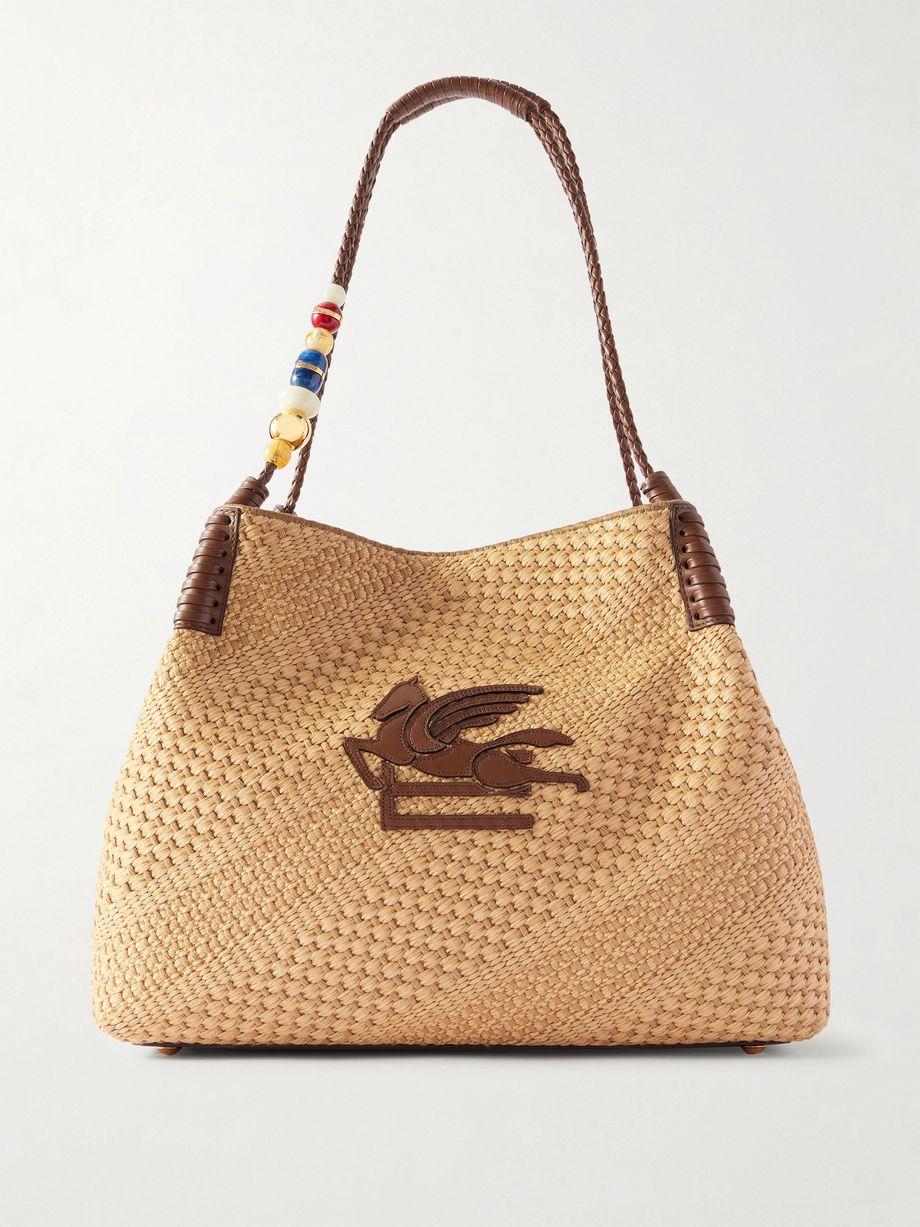 Embellished leather-trimmed straw tote by ETRO