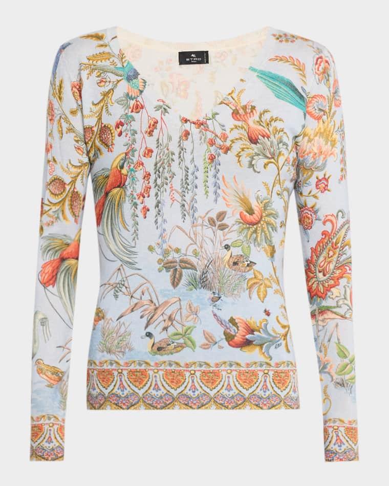Flora & Fauna Print Cashmere-Silk V-Neck Sweater by ETRO