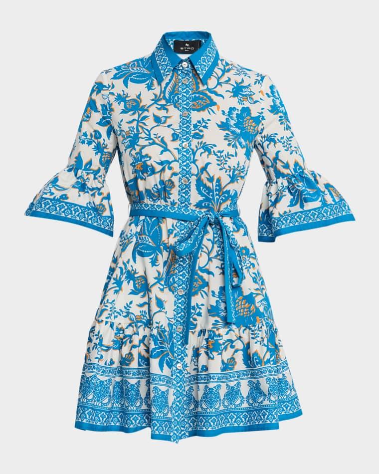 Floral Cotton Ruffle Belted Mini Shirtdress by ETRO