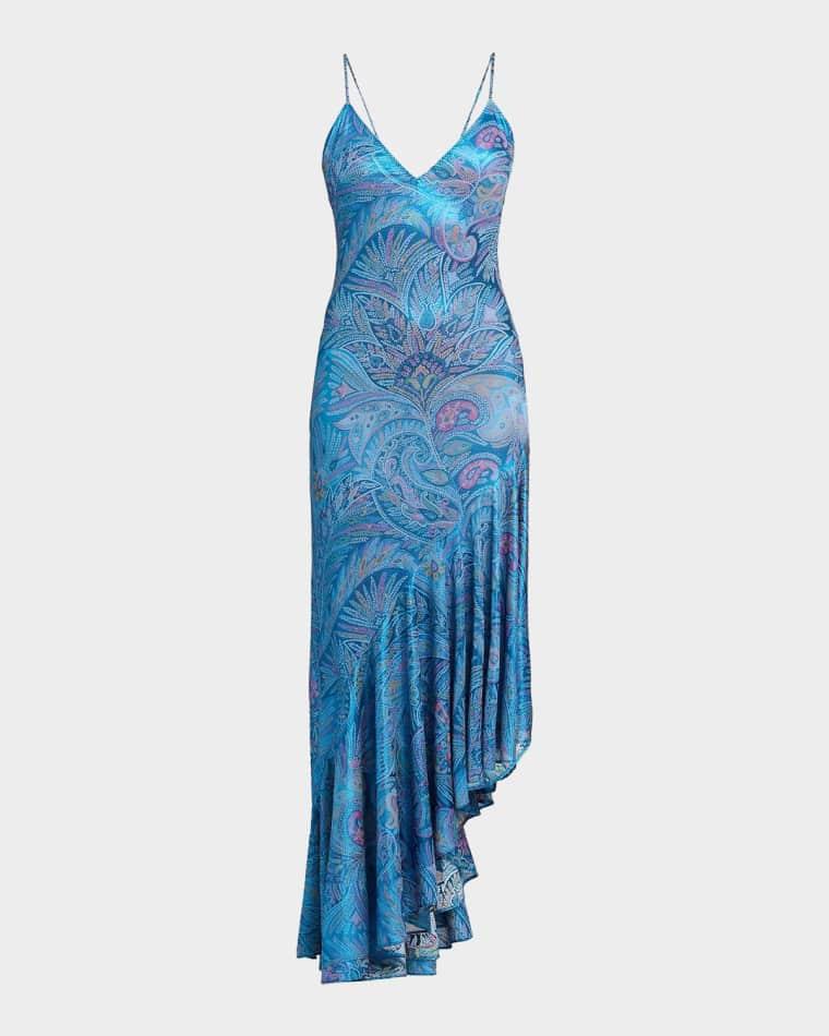 Metallic Paisley Jersey Asymmetric Ruffle Midi Dress by ETRO