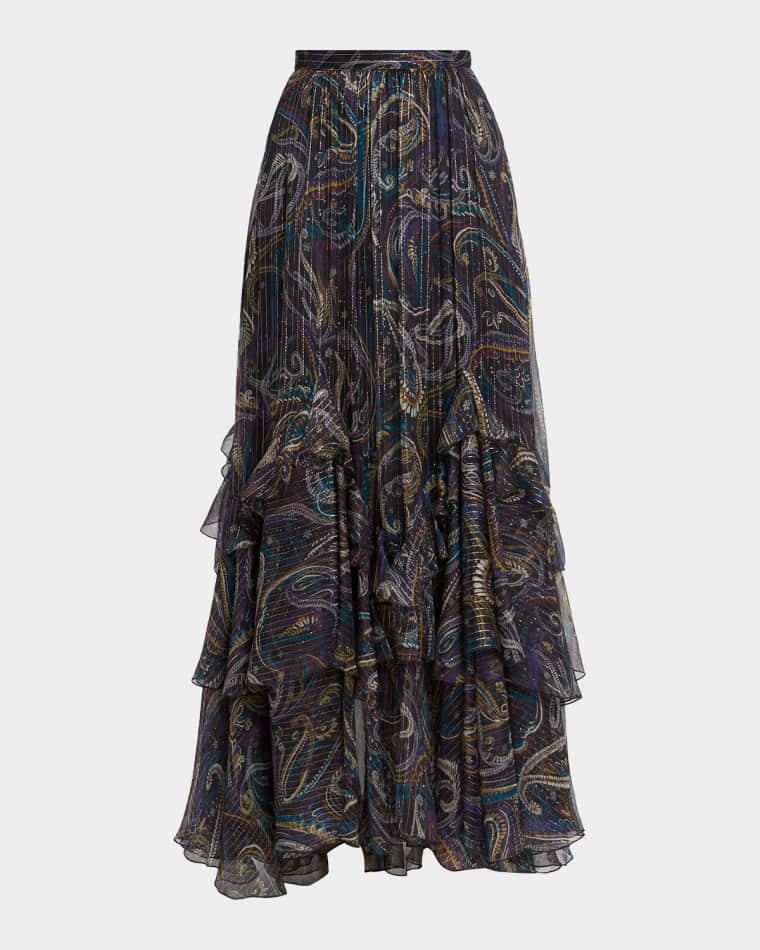 Metallic Paisley Tiered Ruffle Maxi Skirt by ETRO