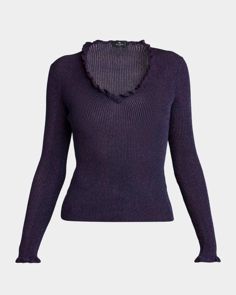 Metallic Ruffle Rib-Knit V-Neck Top by ETRO