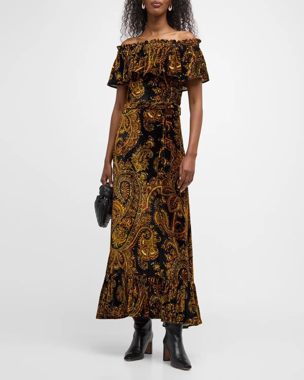 Off-The-Shoulder Velvet Dahlia Paisley Gown by ETRO