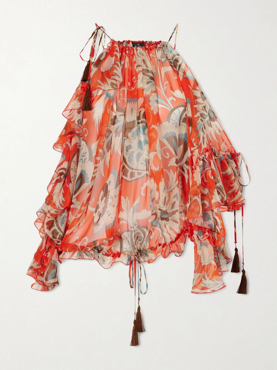 Off-the-shoulder asymmetric tasseled ruffled printed silk-chiffon blouse by ETRO