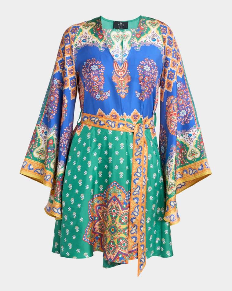 Paisley Silk Belted V-Neck Mini Dress by ETRO