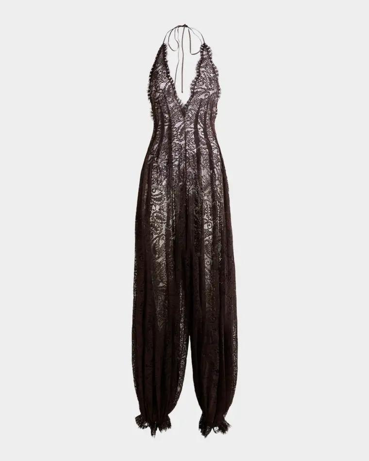 Plunging Halter Lace Balloon-Leg Jumpsuit by ETRO