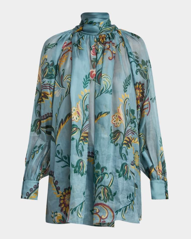 Ruched Floral Silk Tie-Neck Blouse by ETRO