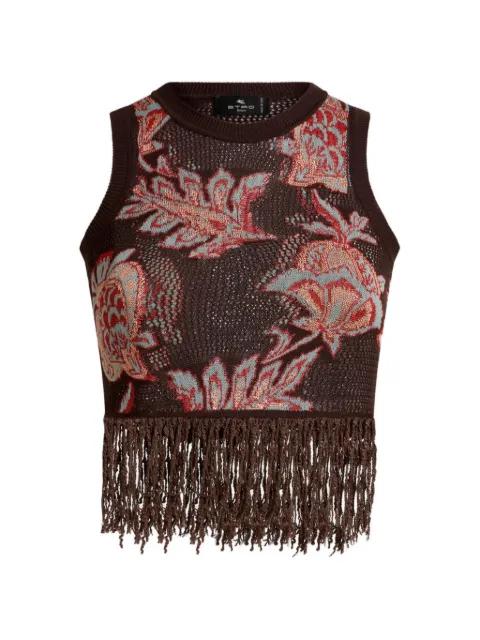 crop top in cotton blend jacquard with fringing and floral-motif by ETRO