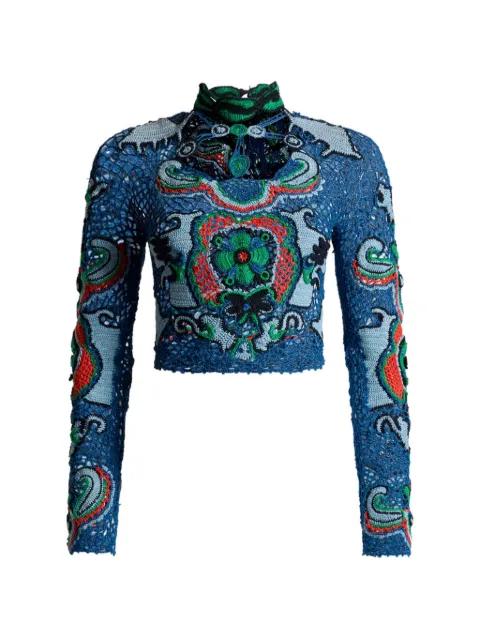 cropped cotton sweater with crochet-effect floral motif by ETRO