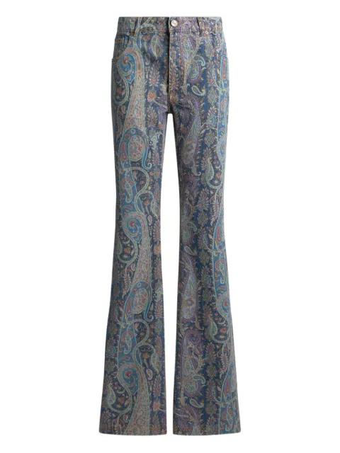 flared denim jeans with floral paisley motif by ETRO