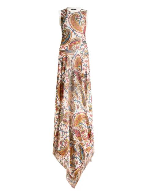 knit long dress with fringing and floral paisley motif by ETRO