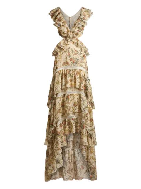 long dress in silk dotted swiss with ruffles and floral-motif by ETRO