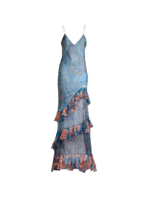 long dress in silk with ruffles and floral motif by ETRO