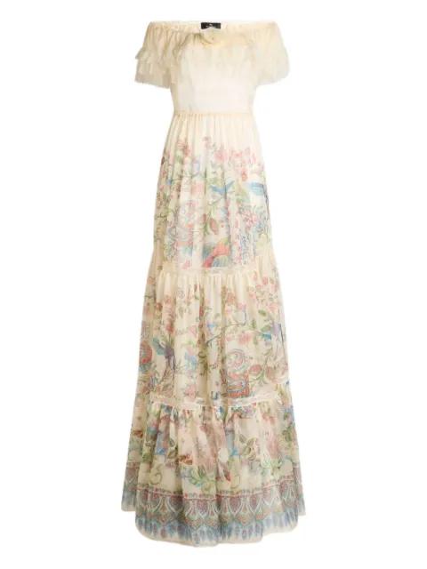 long silk dress with placed flora and fauna print by ETRO