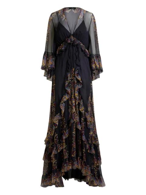 long silk dress with placed paisley-foliage print by ETRO