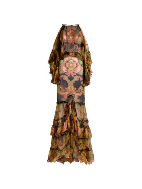 long silk dress with ruffles and placed floral print by ETRO
