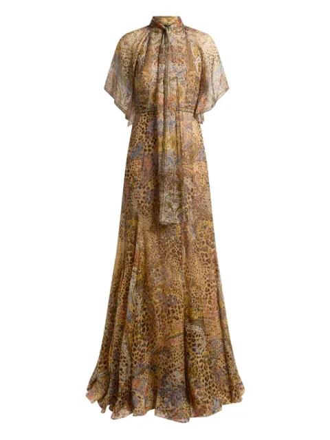 long silk dress with silk scarf and paisley and animal motif by ETRO