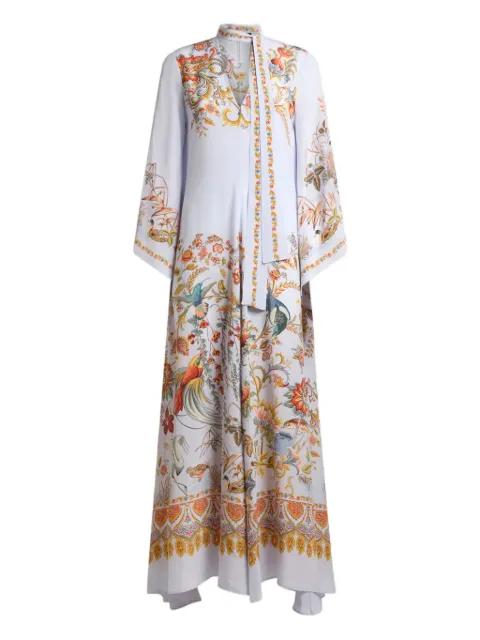 long silk dress with silk scarf and placed flora and fauna print by ETRO