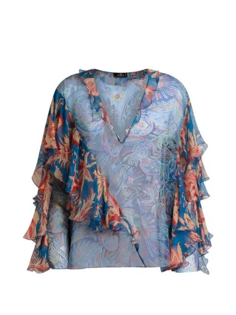 long-sleeved silk blouse with ruffles floral motif by ETRO
