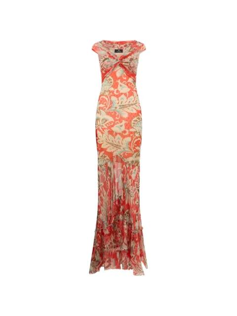 long tulle dress with open shoulders and floral motif by ETRO