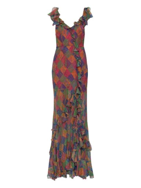 silk long dress with ruffles and geometric paisley motif by ETRO