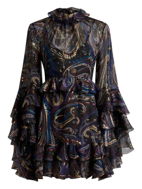 silk mini dress with ruffles and paisley foliage motif by ETRO